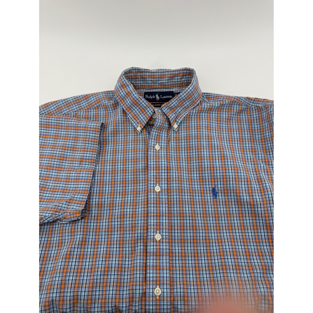 Ralph Lauren Classic Fit Short Sleeve Plaid Shirt Mens XL Orange Blue Cotton
